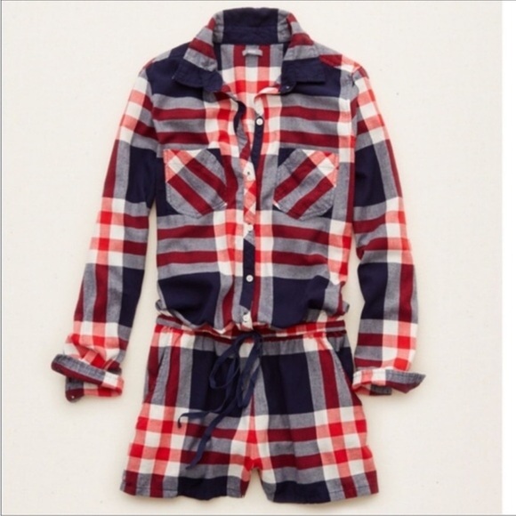 Aerie Plaid Flannel Button Front One Piece Pajama Romper Red Blue sz XL - Picture 1 of 8